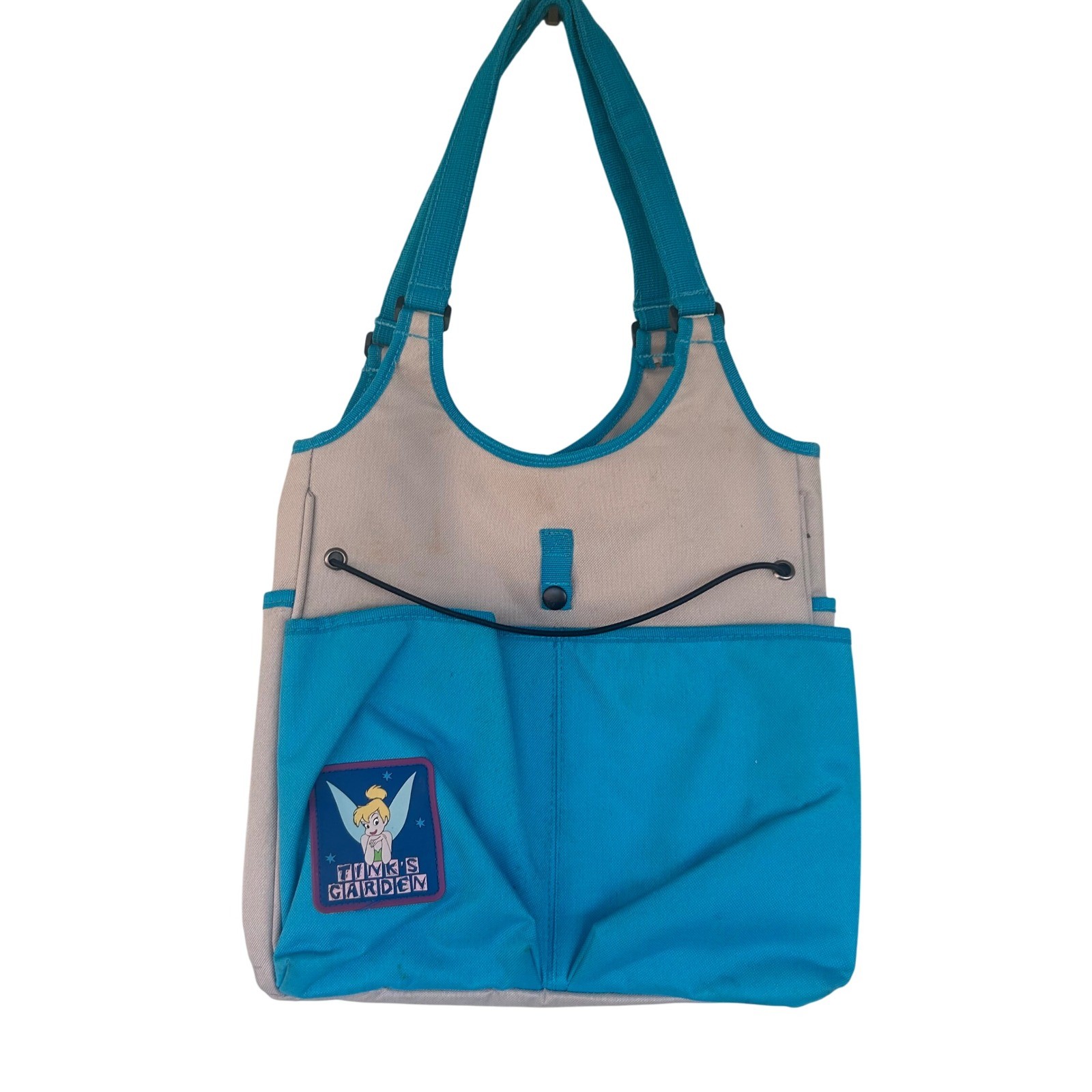 VTG Y2K Disney Tinkerbell Garden Canvas Tote Bag Beige Teal Pockets Organizer