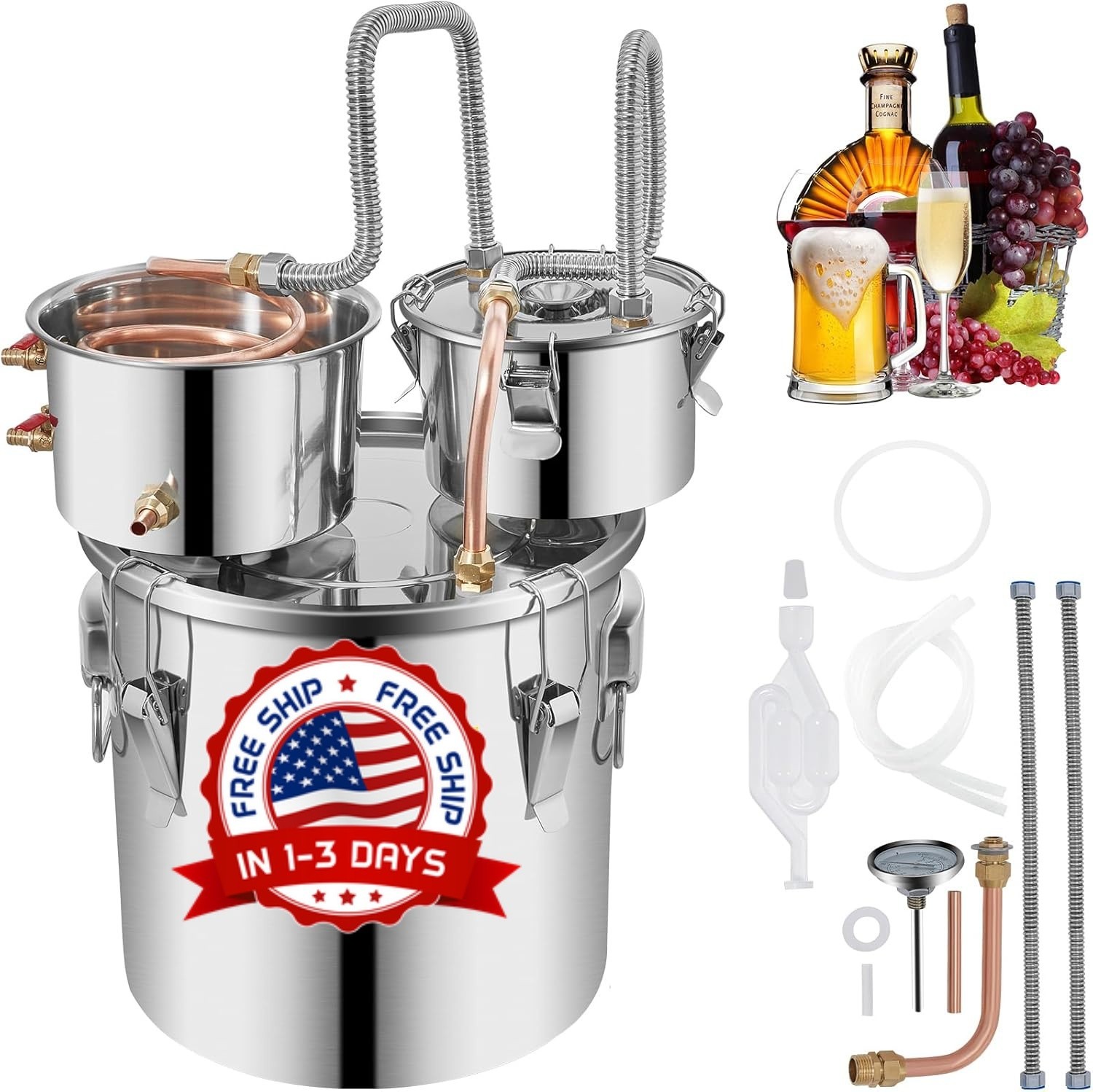 Destilador de alcohol de acero inoxidable de 8 galones, 30 L tubo de cobre. NEW