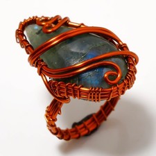Blue Fire Labradorite Gemstone Handmade Wire Wrap Copper Jewelry Ring 9" PG 614