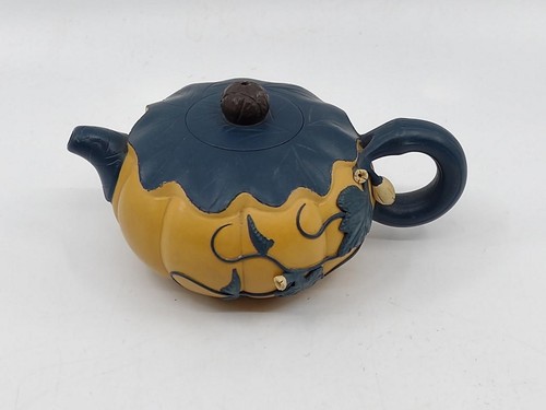 Chinese Yixing Zisha Small 1 Cup Clay Teapot Sculpted Pumpkin Vine Leaves