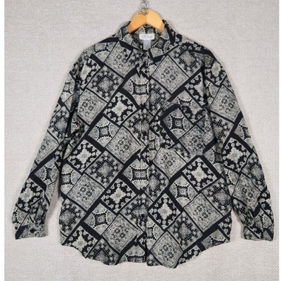 VTG J. Arnold 100% Silk Blouse Sz L Black White Patchwork Bandana Print Shirt