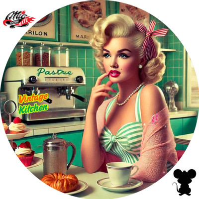 Blechschild Rund (429) Vintage Kitchen   Retro Café mit Pin-up Lady