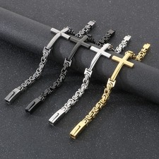 9" 7mm Fashion Men Cross Bracelet Byzantine Chain Stainless Steel Link Bracelet