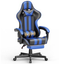 Blue Ergonomic Gaming Chair with Footrest  Massage Lumbar Support