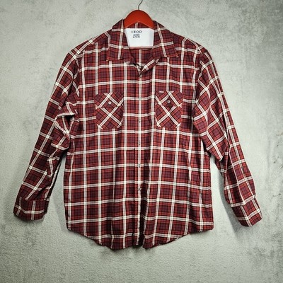Izod Flannel Shirt Burgandy Wht Red Blk Plaid Long Roll Tab Slv Button Up Sz XL