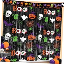 Halloween Party Decorations, 2Pack Scary Halloween Foil Fringe Curtains Black