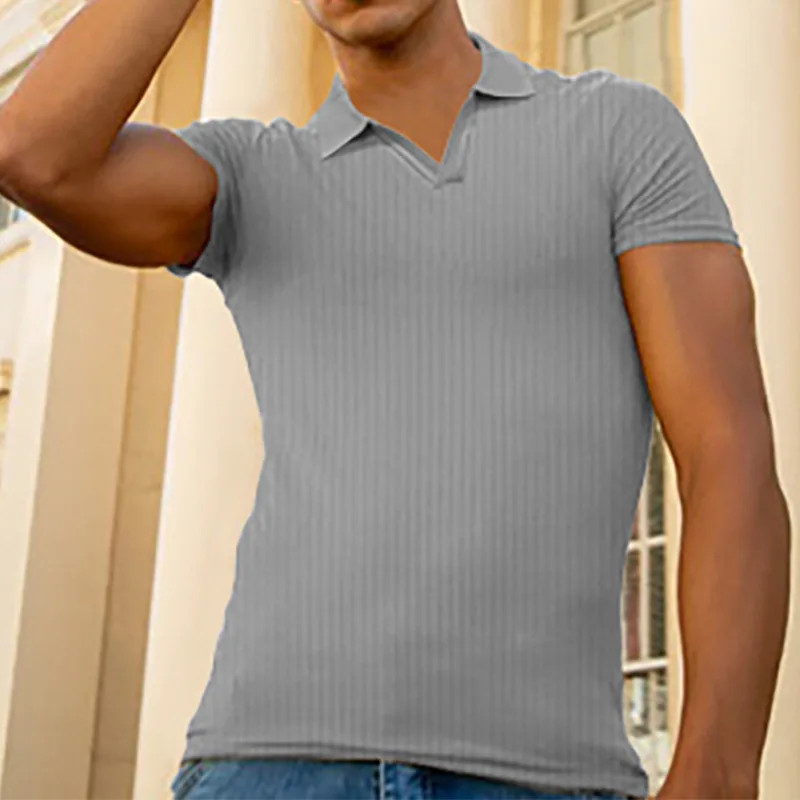 Men’s Turn Down Collar Short Sleeve Slim Fit T-shirt Summer Solid Knitted Tops image 4