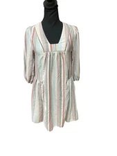 Knox Rose Dress Womens XS Brown Blue Striped 3/4 Sleeve Smocked Linen Blend