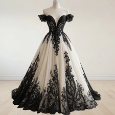 Customized Gothic Wedding Dresses Lace Appliques Off-Shoulder A-Line Black And