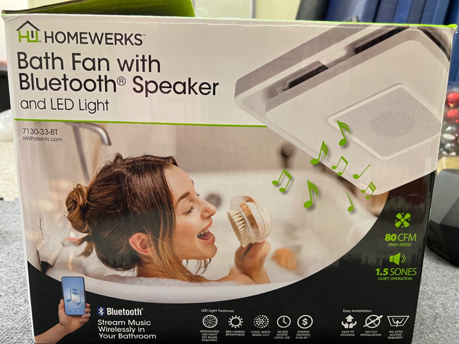 HomeWerks 80 CFM Bath Fan with Bluetooth Speaker LED Light Model 7130