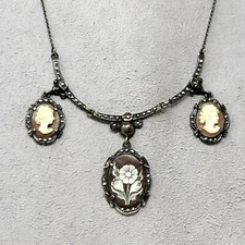 Antique Silver Drop Shell Cameos (3) & Marcasite Necklace Profiles & Flowers