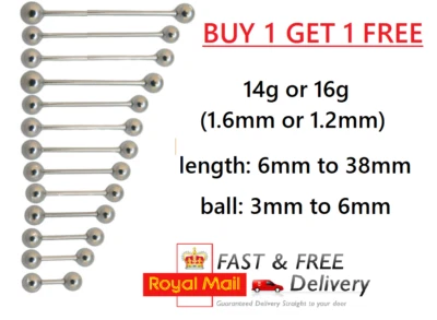Straight Barbell Tongue Bar 316l Surgical Steel Nipple Ear 14g 16g 1.2mm 1.6mm - Image 1 of 2