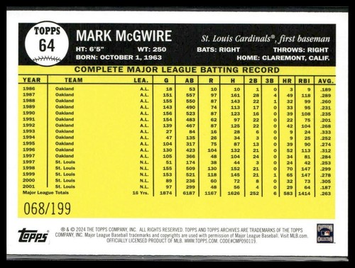 2024 Topps Archives - 1961 Topps Mark McGwire #64 Rainbow Foil /199 - Picture 2 of 2