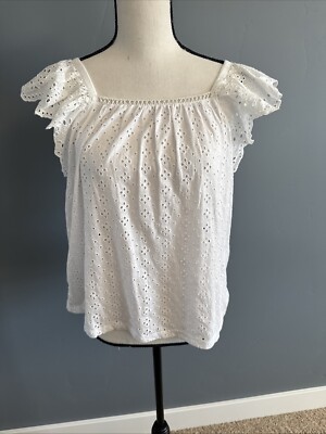 Loft White Eyelet Flutter Sleeve Top NWT Small