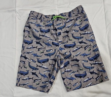 Lands End Kids Swim Trunks L 14-16 Gray Blue Shark Print Drawstring Pocket