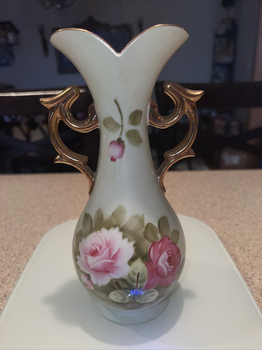 Lefton Heritage Vase Green hand painted #4072 pink roses 14k