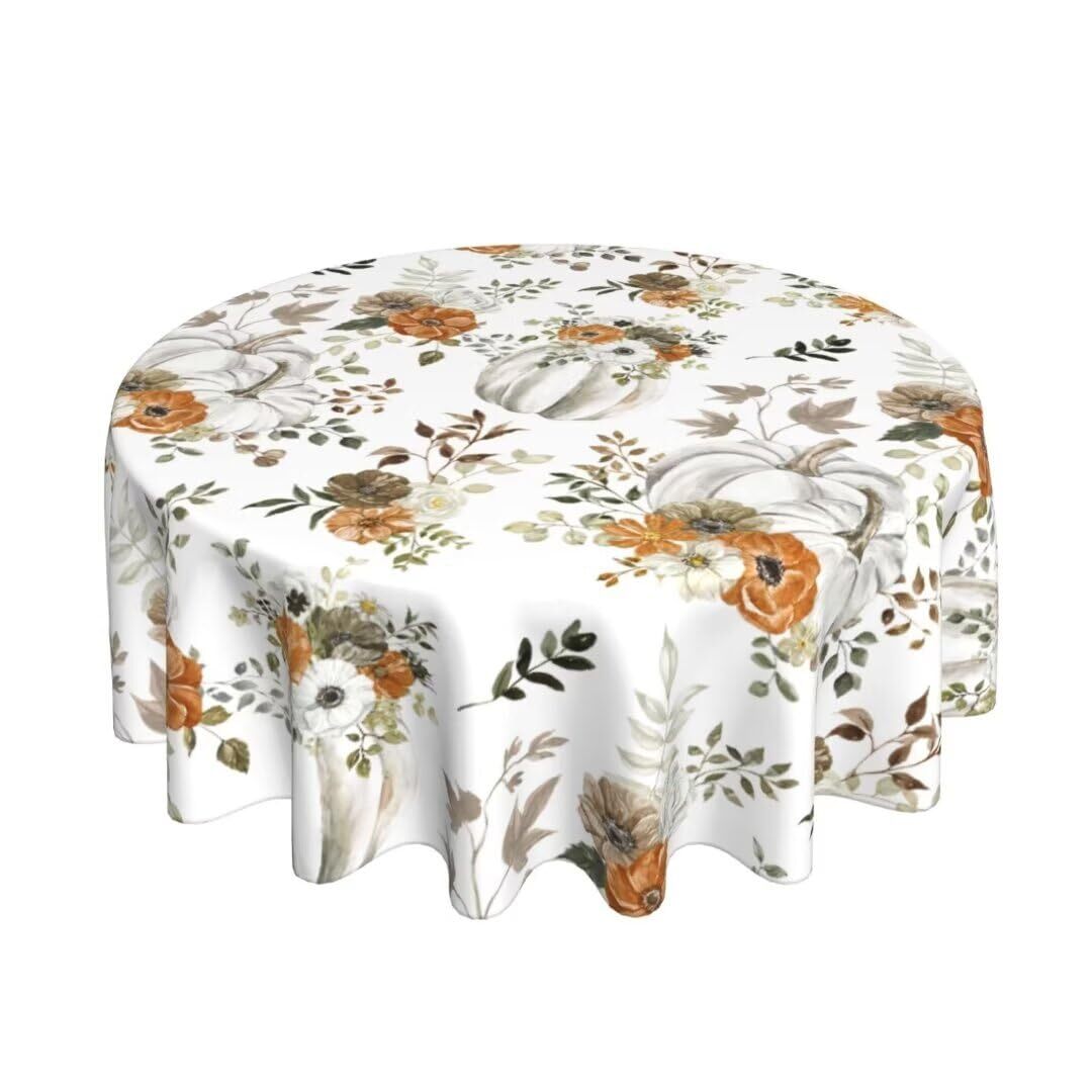 Fall Tablecloth Round 60 Inch, Pumpkin Maple Leaves Tablecloths Tablecloths O...