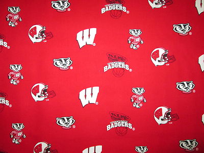 WISCONSIN BADGERS LOGO CHECKED RED WHITE LICENSED COTTON FABRIC BTHY