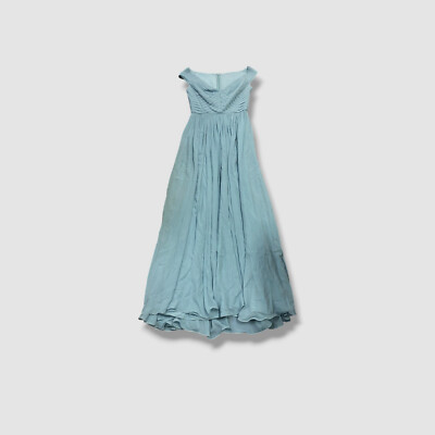 Elie Saab Women's Blue Silk Pleated V-Neck Off-Shoulder A-Line Dress Size 40