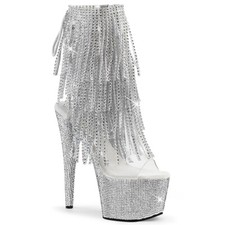 7" Silver Rhinestones Platform Knee High Tassels Stripper Heels Gogo Dance Boots