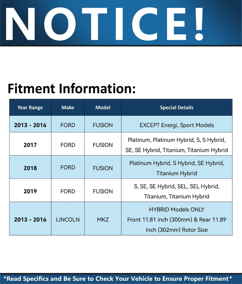 Pastillas de rotores de freno delanteros 11,81" 11,89" traseros para Ford Fusion Lincoln MKZ 2013-2016 Foto 4 de 4