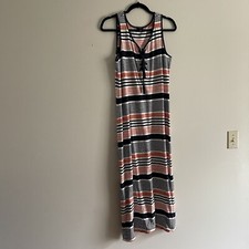 Talbots Women SZ L White/Blue/Orange Stripe Sleeveless Tie Neckline Maxi Dress