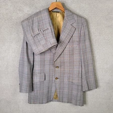 Vintage Curlee Suit Mens 43R Beige Burgundy Glen Plaid 2 Piece Pants 33x29