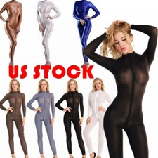 Women Smooth Jumpsuit Double-ended Zipper Leotard Long Sleeve Tihgts Bodysuit