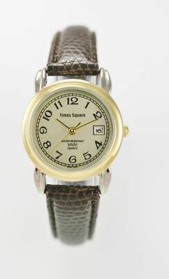 Times Square Uhr Damen Edelstahl Silber Gold Stahl Braunes Leder Datum Quarz