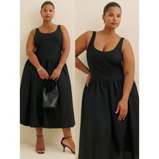 Reformation Roslyn Dress Black Linen Drop Waist Pleated Sleeveless Midi Size 20