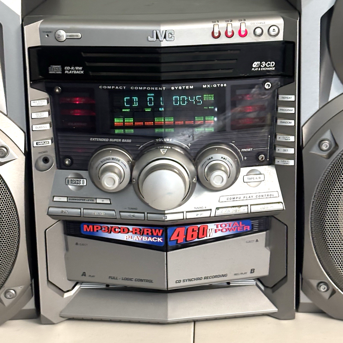 JVC CDプレーヤー ホワイト JVC MX-GT88 Stereo System Giga Tube 3 CD Dual Cassette Player