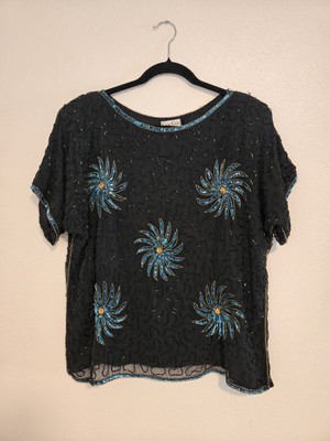CEE CEE Blouse Sz M Silk Sequin Embellished Boxy Boat Neck Dolman Sleeve Black