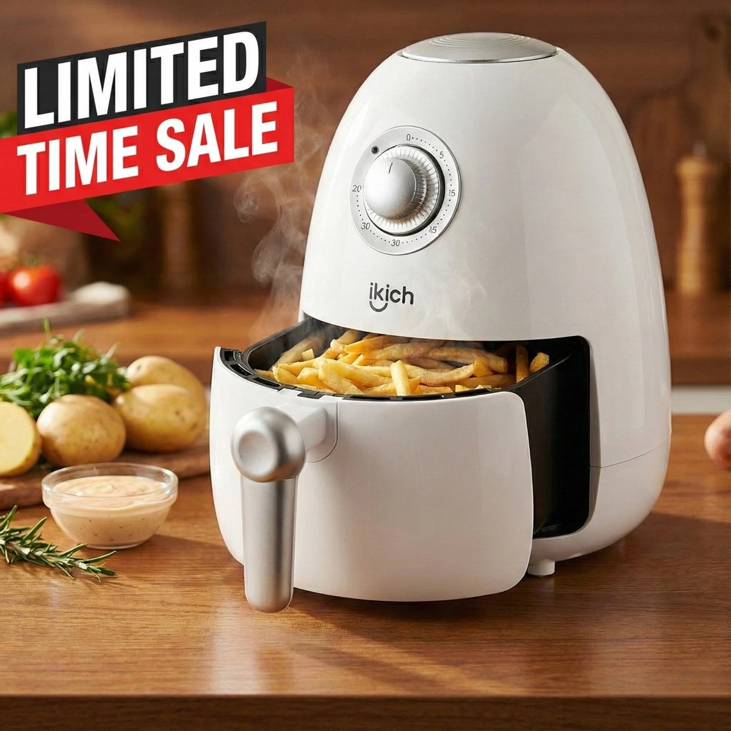 IKICH 2Qt Mini Air Fryer 800W Compact Oil-Free White Dorm Apartment RV Kitchen