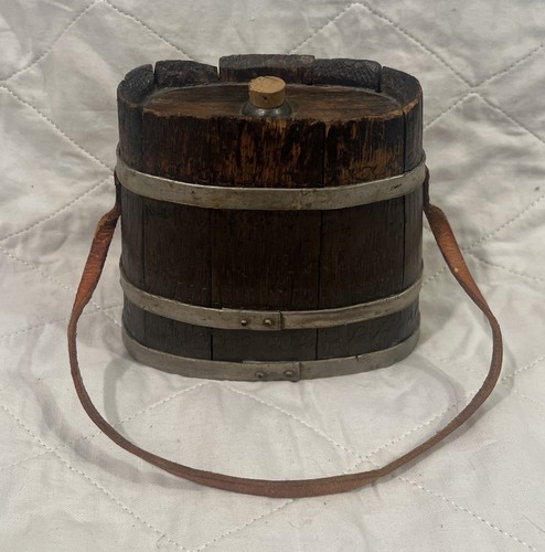 Vtg Rare Wooden Oval Canteen Flask Keg Iron Banded 19-20th Century 6x6x3” READ