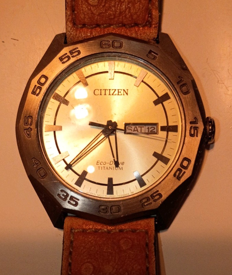 Citizen Eco-Drive Titanium Men's Day/Date Watch Brown Leather Strap