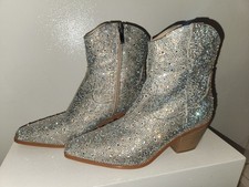 Rhinestone Western Ankle Boots Silver Iridescent Crystal Block Heel Size 7