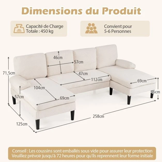 Canapé d'Angle Convertible 125x258cm 4 Places Modulable en Velours Côtelé - Photo 3/4
