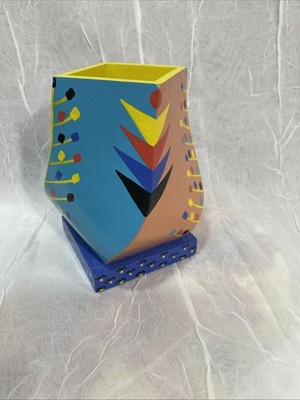 Vintage Funky 1989 Abstract  Designed C.Steinberg Signed Painted Wooden Vase