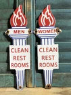 VINTAGE STANDARD MENS WOMENS RESTROOMS SET TORCH 12” PORCELAIN GAS OIL SIGN