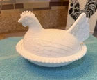Vintage Indiana Glass Hen on Nest White Milk Covered Chicken Candy Dish 7”