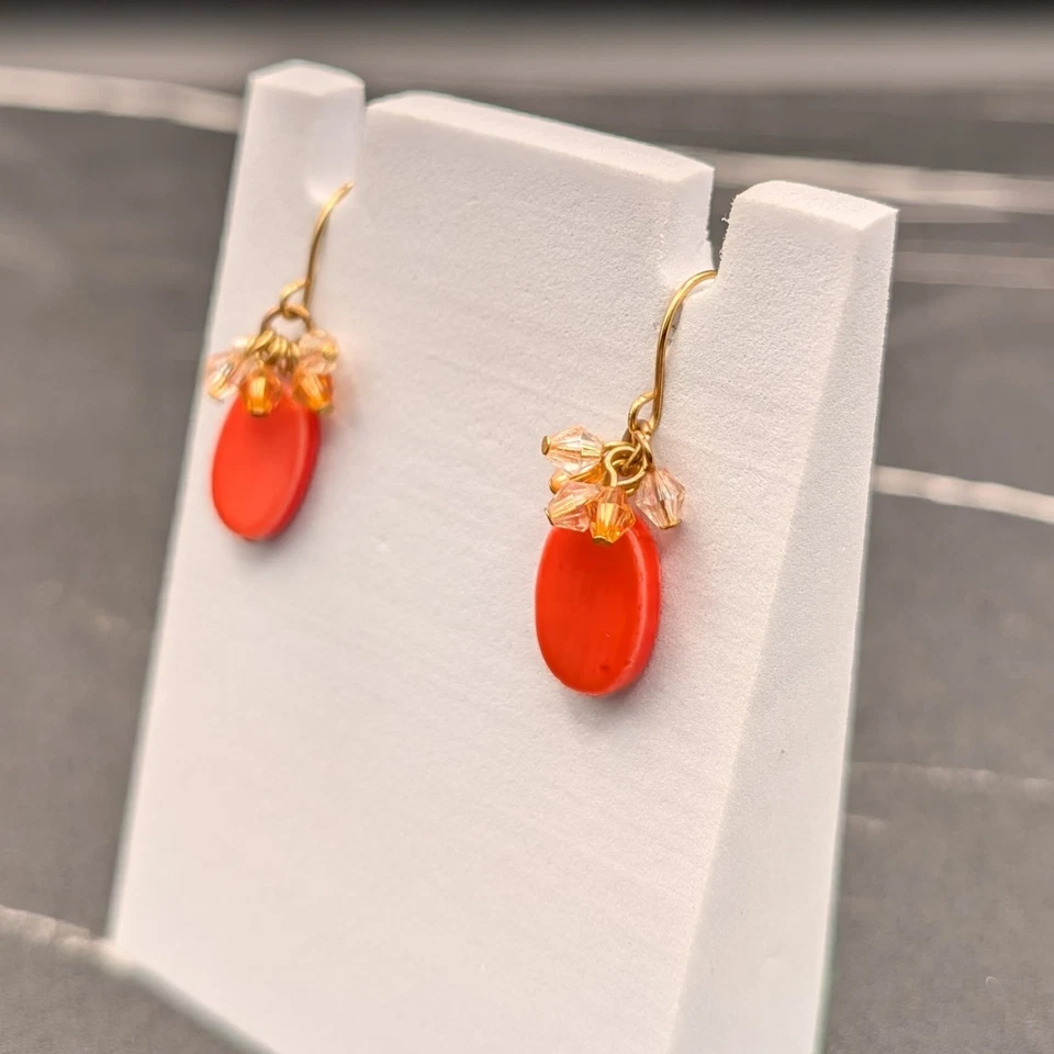Pendientes Colgantes Cuentas Naranja con Racimo de Cristal Tono Dorado Otoño Boho Foto 3 de 4
