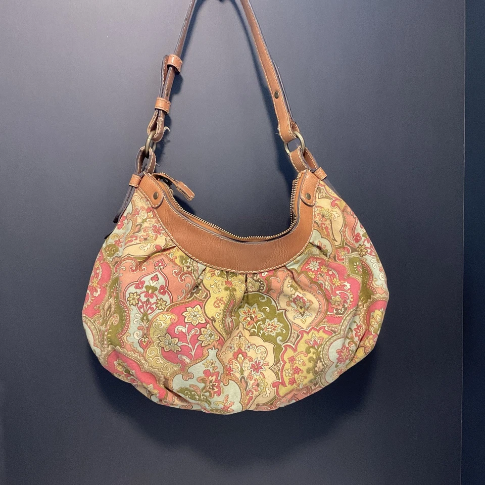 De Colección Fossil 78082 Paisley Tapiz Hobo Bolso de Hombro Tela Cuero Borde Boho Llave Foto 2 de 4