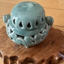 Blue Glazed Ceramic Incense Burner Three Legged Decorative Object Art Piece