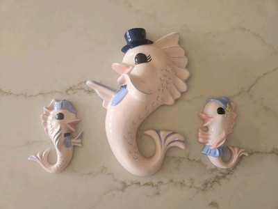 Vintage MCM Anthropomorphic  3pc Ceramic Wall Fish Family - 000726