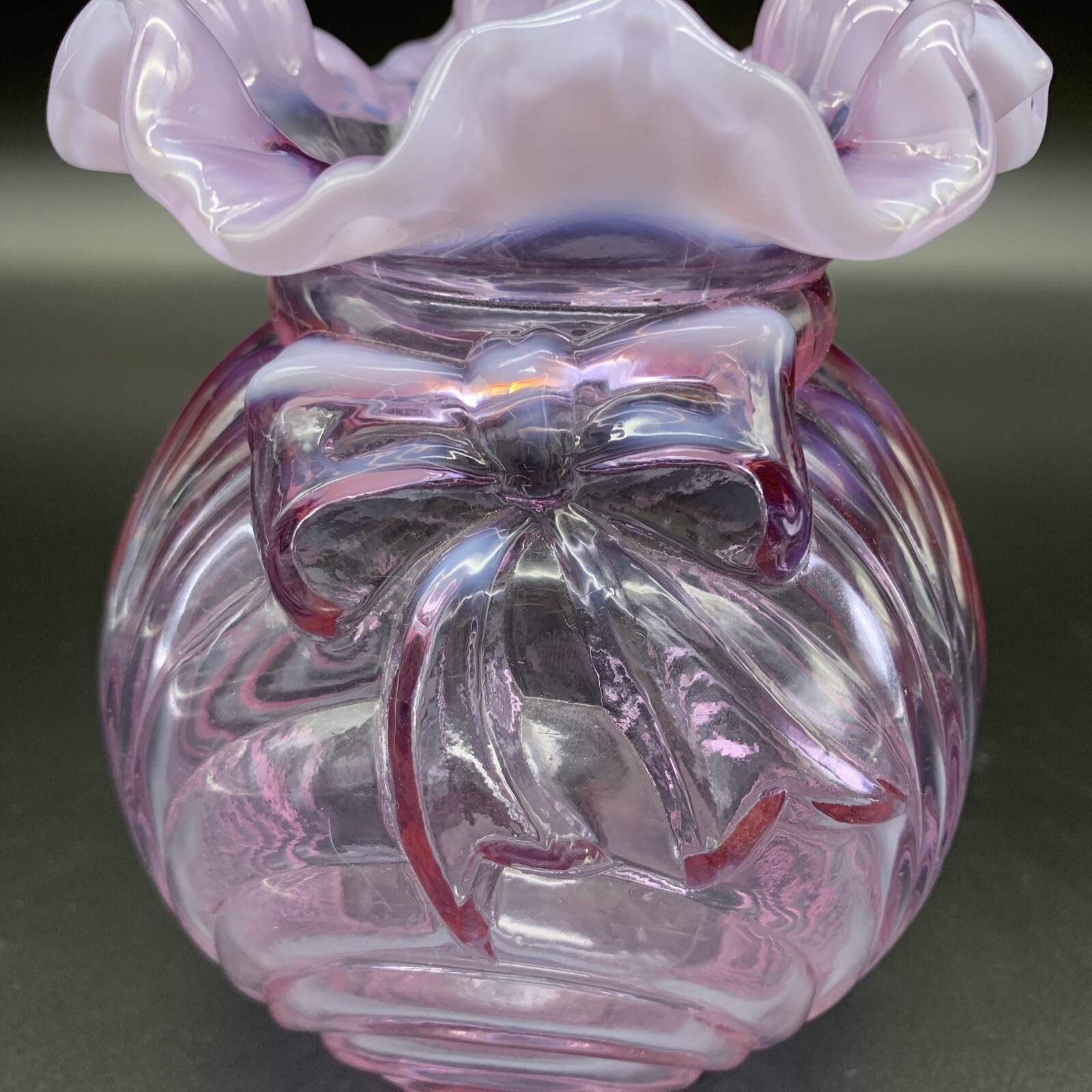 Fenton Art Glass Vase – Light Purple Opalescent, Draped with Ruffled Top & Bow