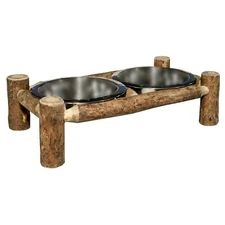 RAISED FEEDING BOWLS Dog Dishes Rustic LOG Wooden Pet Dish Set Larger Dogs
