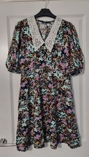 CREP MINT GREEN LILAC ABSTRACT FLORAL WHITE SCALLOP COLLAR BUTTON TEA DRESS - S
