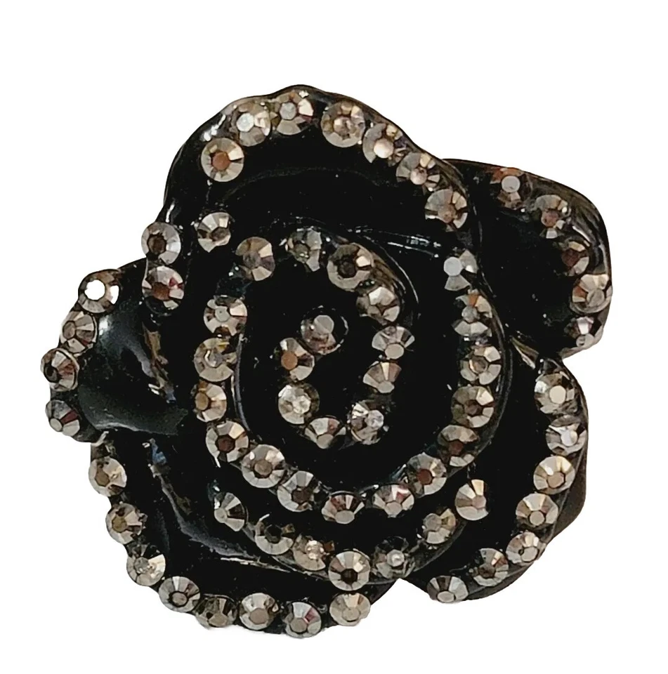 Black & Silver Rose Ring, Size 10.5 Black Lucite Chunky Floral Diva r-7 - image 4 of 4