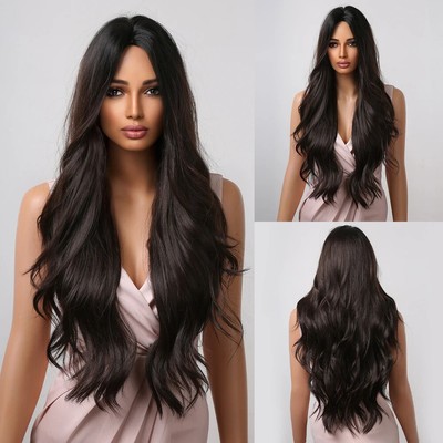 Long Curly Highlight Synthetic Wig With Bangs Mixed Brown Golden Blonde Hair Wig