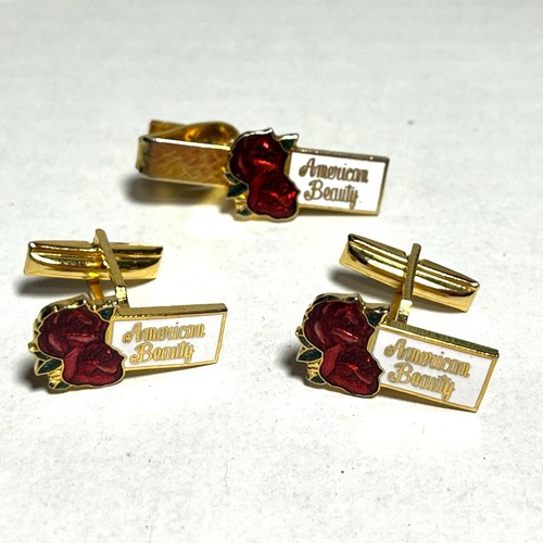 American Beauty Roses Goldtone Cufflinks Tie Clip Set